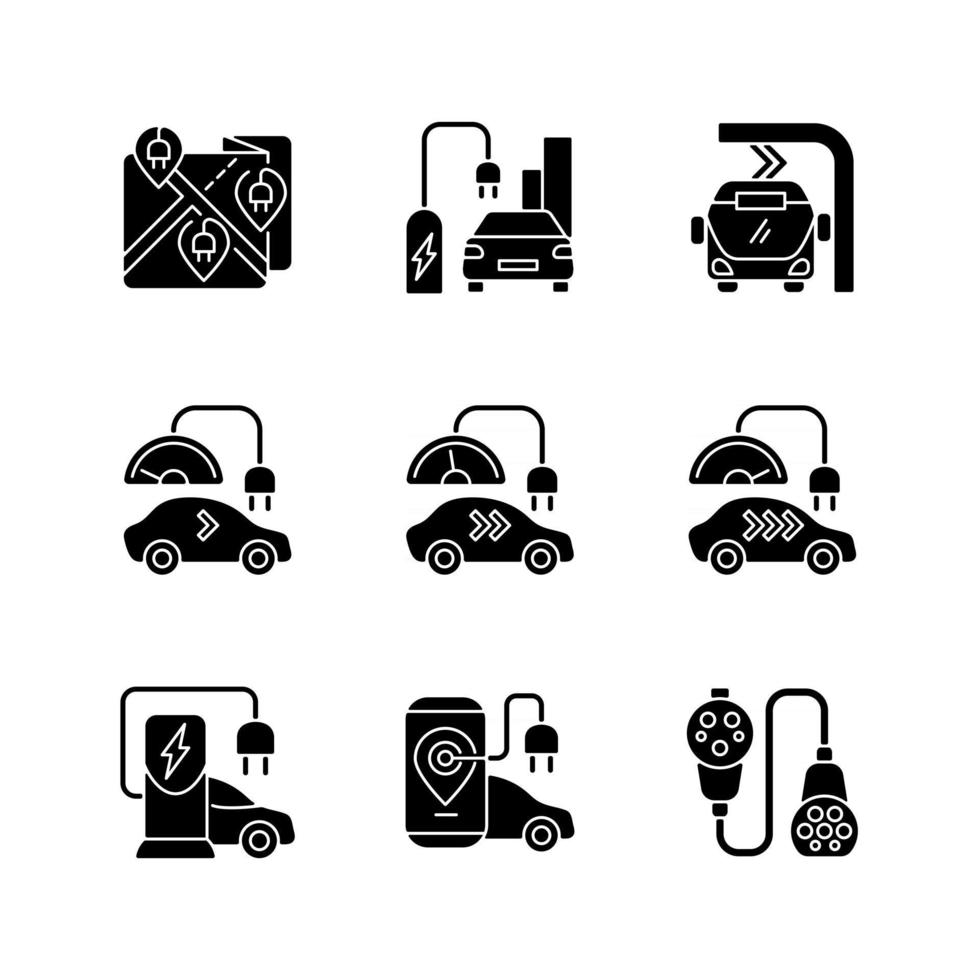 elektrisch voertuig opladen zwarte glyph-pictogrammen ingesteld op witruimte vector