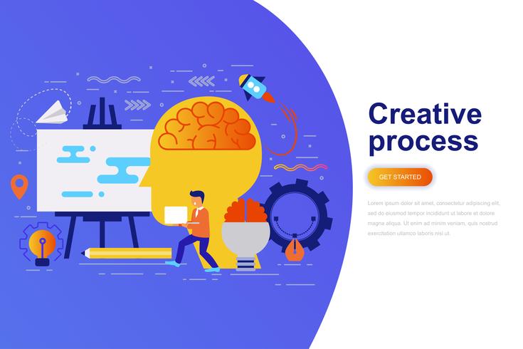 Creatieve het Webbanner van het proces moderne vlakke concept met verfraaid klein mensenkarakter. Bestemmingspaginasjabloon. vector
