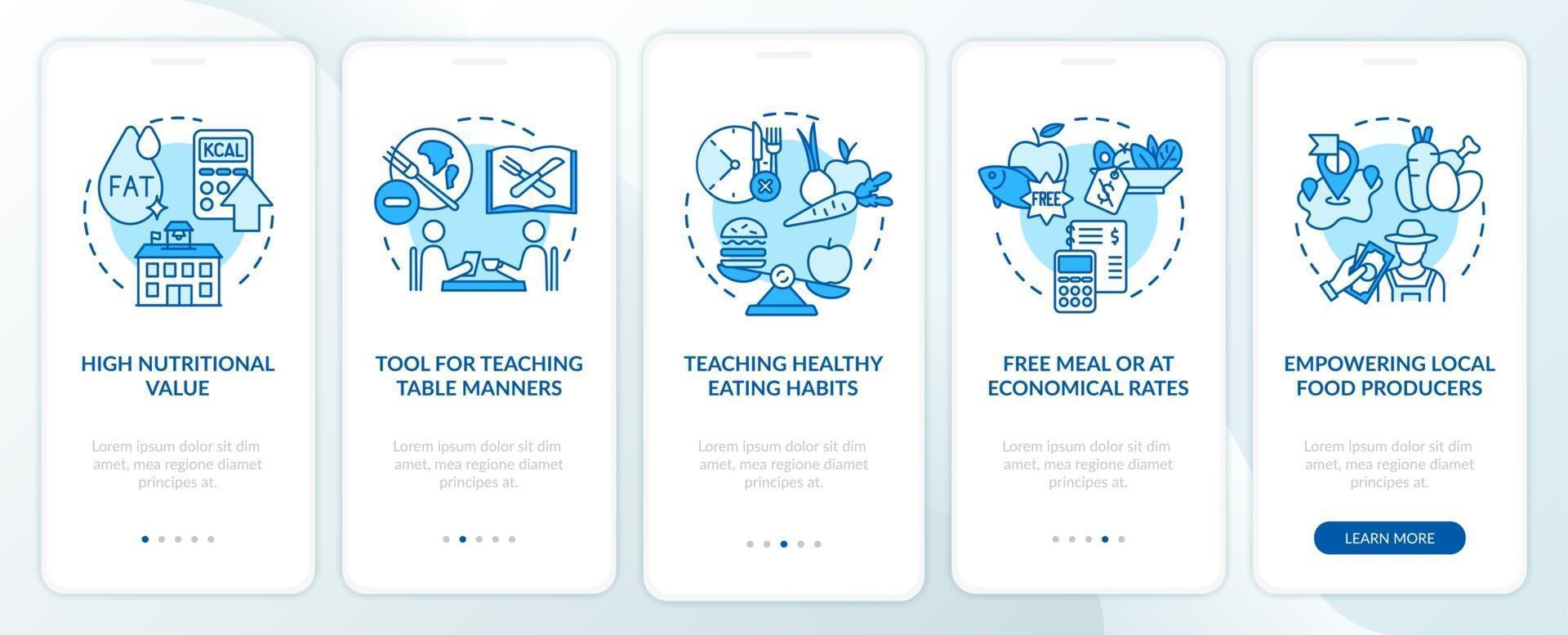 school eetregels onboarding mobiele app paginascherm met concepten vector