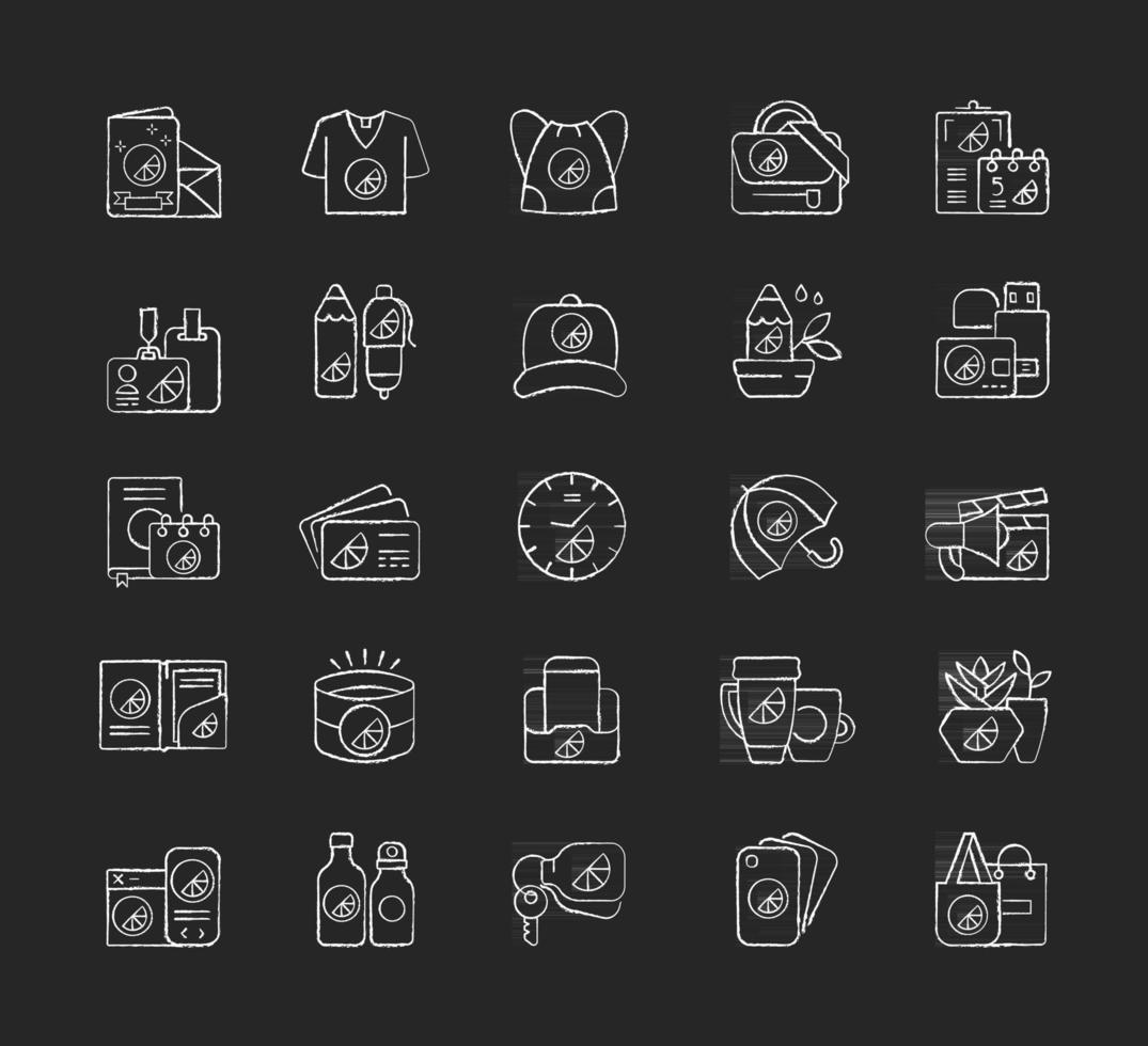 bedrijf branding materialen krijt witte pictogrammen ingesteld op zwarte achtergrond vector