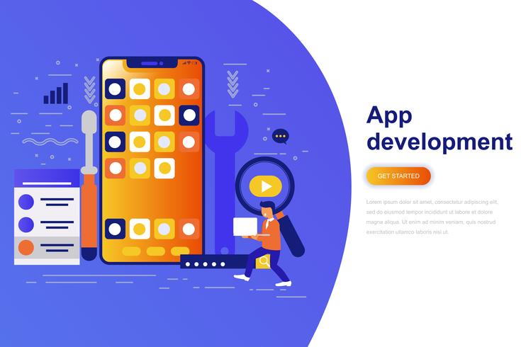 App ontwikkeling moderne platte concept webbanner met ingerichte kleine mensen karakter. Bestemmingspaginasjabloon. vector