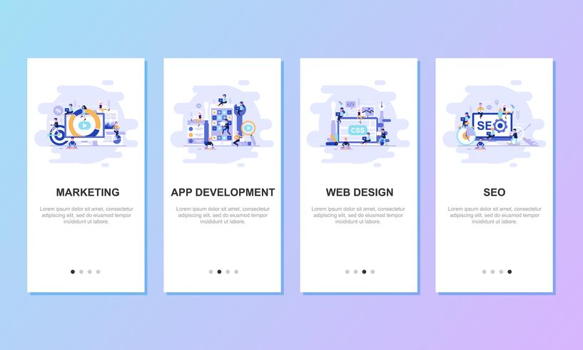 Onboarding screent gebruikersinterfacekit voor het concept van mobiele app-sjablonen. Moderne gebruikersinterface UX, UI-schermsjabloon voor mobiele smart phone of responsieve website. Vector illustratie plat ontwerp.