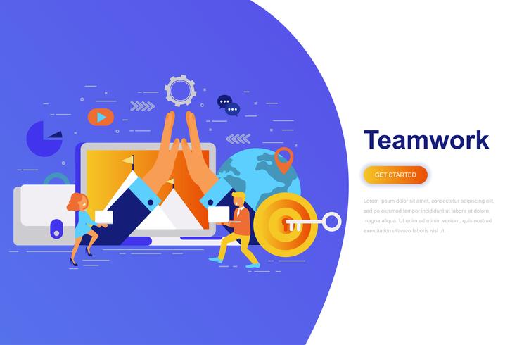 Teamwork en zakelijke moderne platte concept webbanner met ingerichte kleine mensen teken. Bestemmingspaginasjabloon. vector