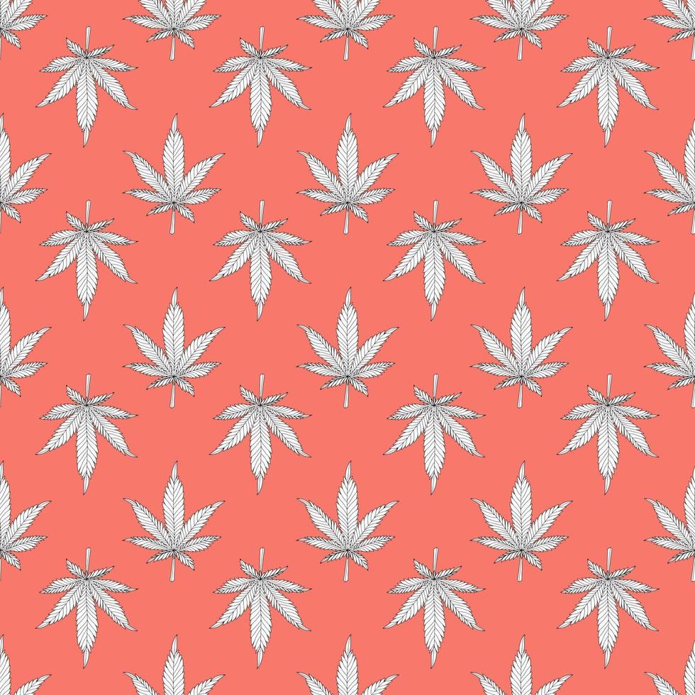 cannabis naadloos patroon. witte hennepbladeren op een oranje achtergrond. marihuana patroon vectorillustratie vector