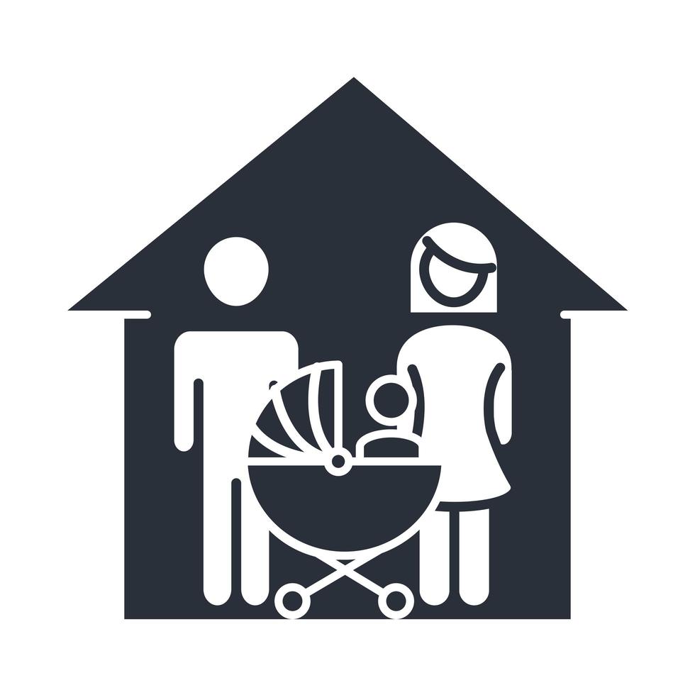 vader moeder en baby in kinderwagen huis familiedag icoon in silhouetstijl vector