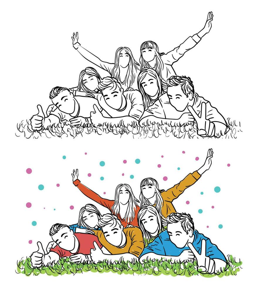 groep van zeven mannetje en vrouw vrienden lachend en aan het liegen Aan de grond pret gelukkig samen bijeenkomst gemakkelijk kleurrijk lijn kunst tekening vector
