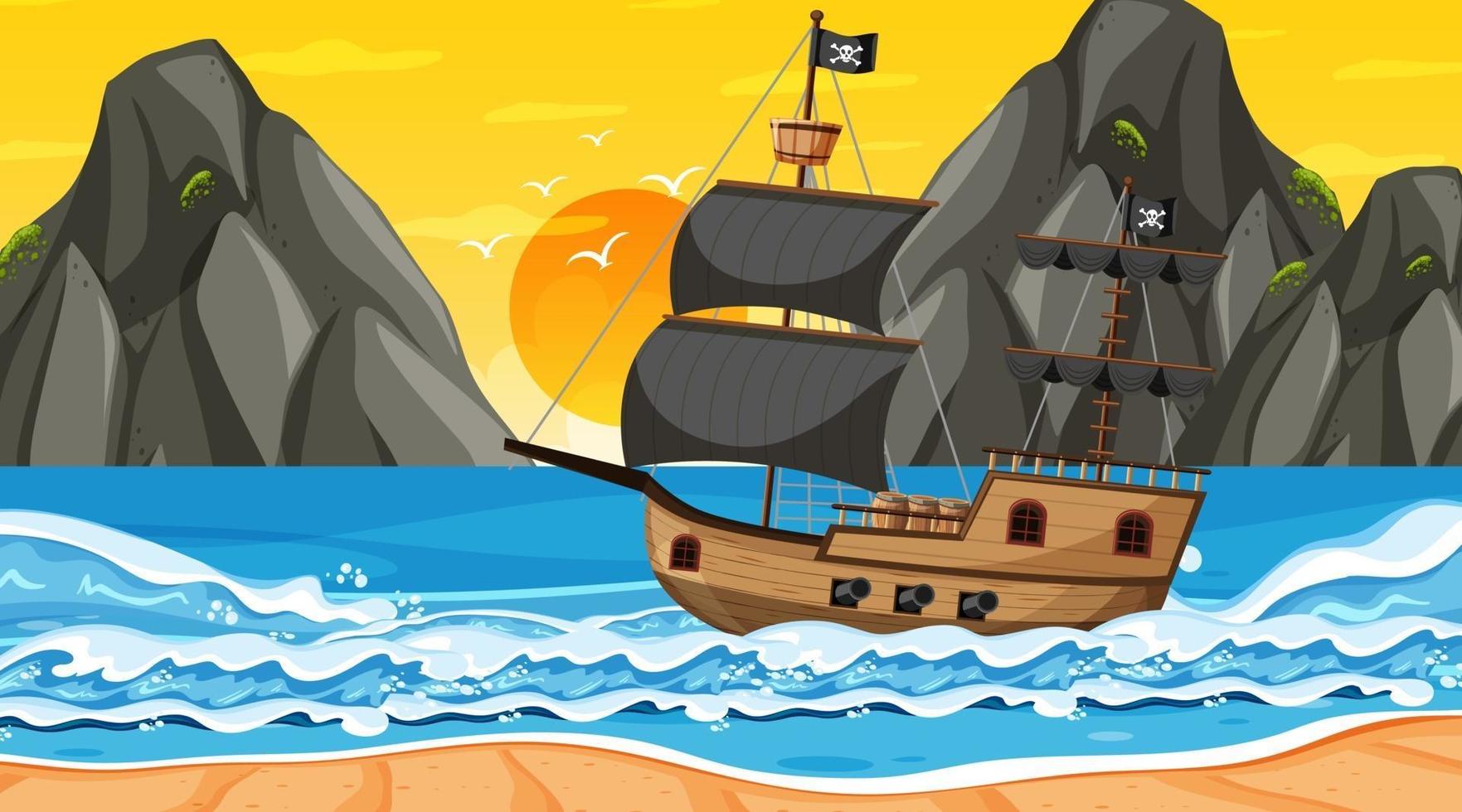 oceaan met piratenschip in de scène van de zonsondergangtijd in cartoonstijl vector