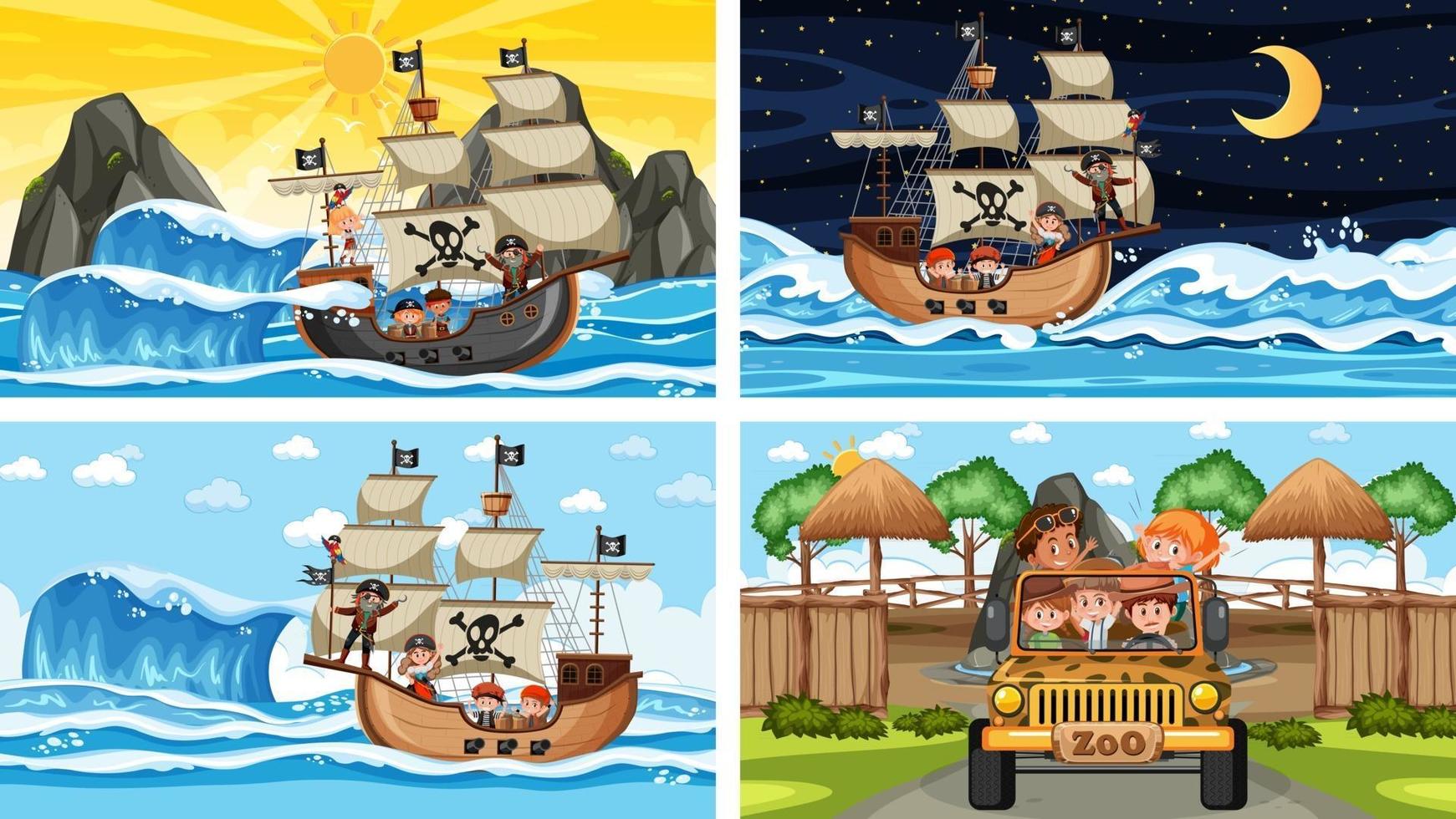 set van verschillende scènes met dieren in de dierentuin en piratenschip op zee vector