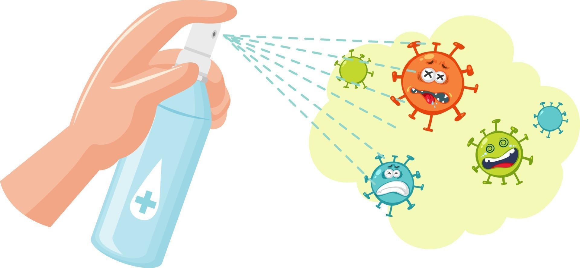 hand met alcohol ontsmettingsmiddel met virus stripfiguur vector