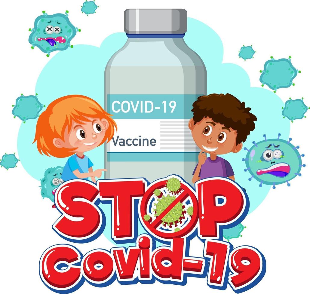 stop covid-19-logo of banner met stripfiguur voor kinderen en covid-19-vaccinfles vector