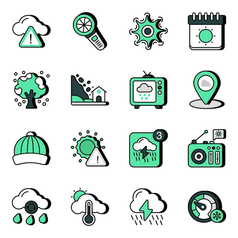 pak weer en meteorologie plat pictogrammen vector