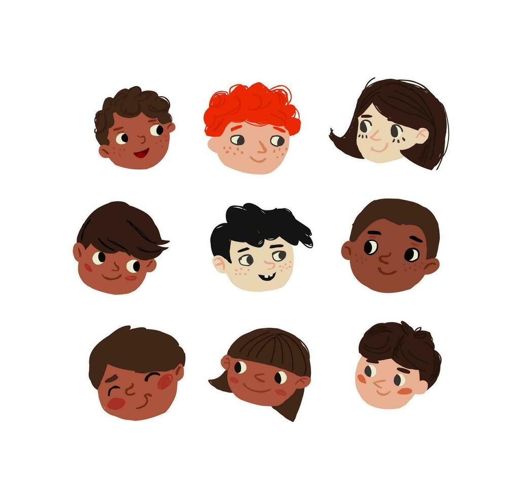 schattig tekenfilm kinderen avatars set. verschillend kinderen gezichten in gemakkelijk hand- getrokken stijl, vector clip art illustratie.