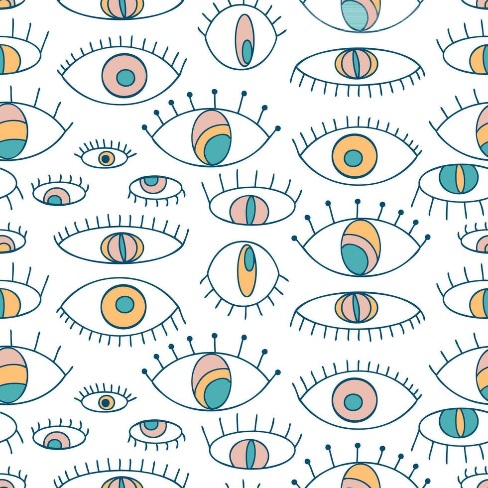 psychedelisch naadloos patroon met tekening ogen. groovy retro afdrukken voor tee, textiel en kleding stof. vector
