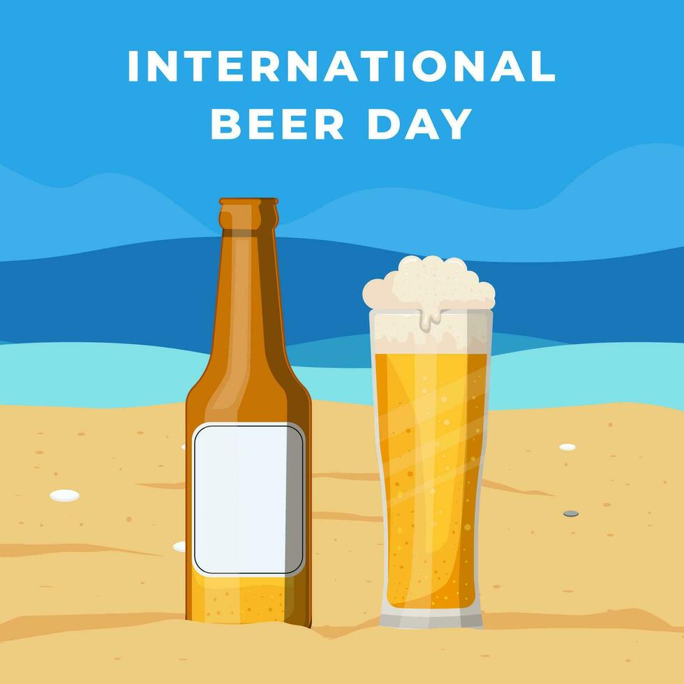 Internationale bier dag illustratie met een bier glas en bier fles Aan de strand vector