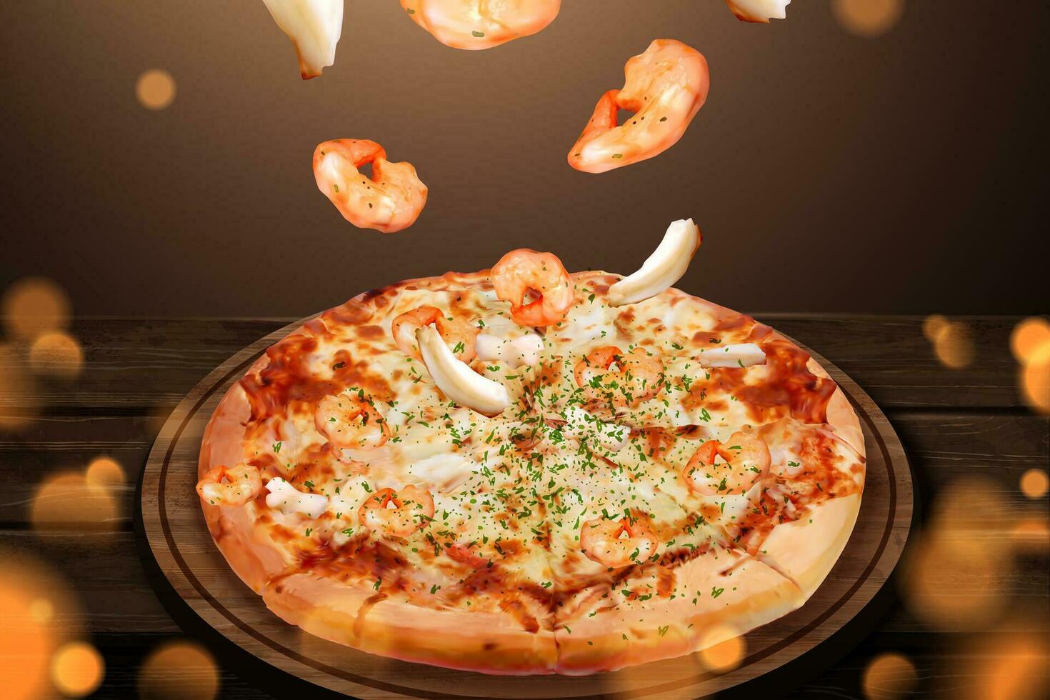 smakelijk zeevruchten pizza advertenties met vliegend garnaal en inktvis ring in 3d illustratie, houten tafel schitteren achtergrond vector