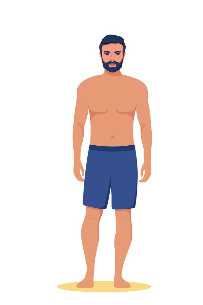 Mens gekleed in zwempak staand Aan de strand. zomer vakanties. mooi Mens in korte broek. vector illustratie.