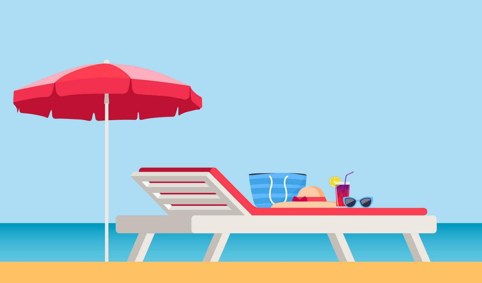 strand paraplu en zon ligstoel. zonnebank met parasol Bij zand strand. zomer tropisch toevlucht met privaat ligstoelen Bij zeekust. zon bed en strand elementen. vector illustratie.