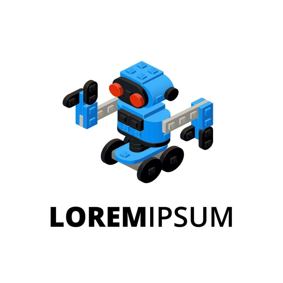logo met een blauw robot gemonteerd van plastic blokken in isometrische stijl voor het drukken en decoratie. vector illustratie.