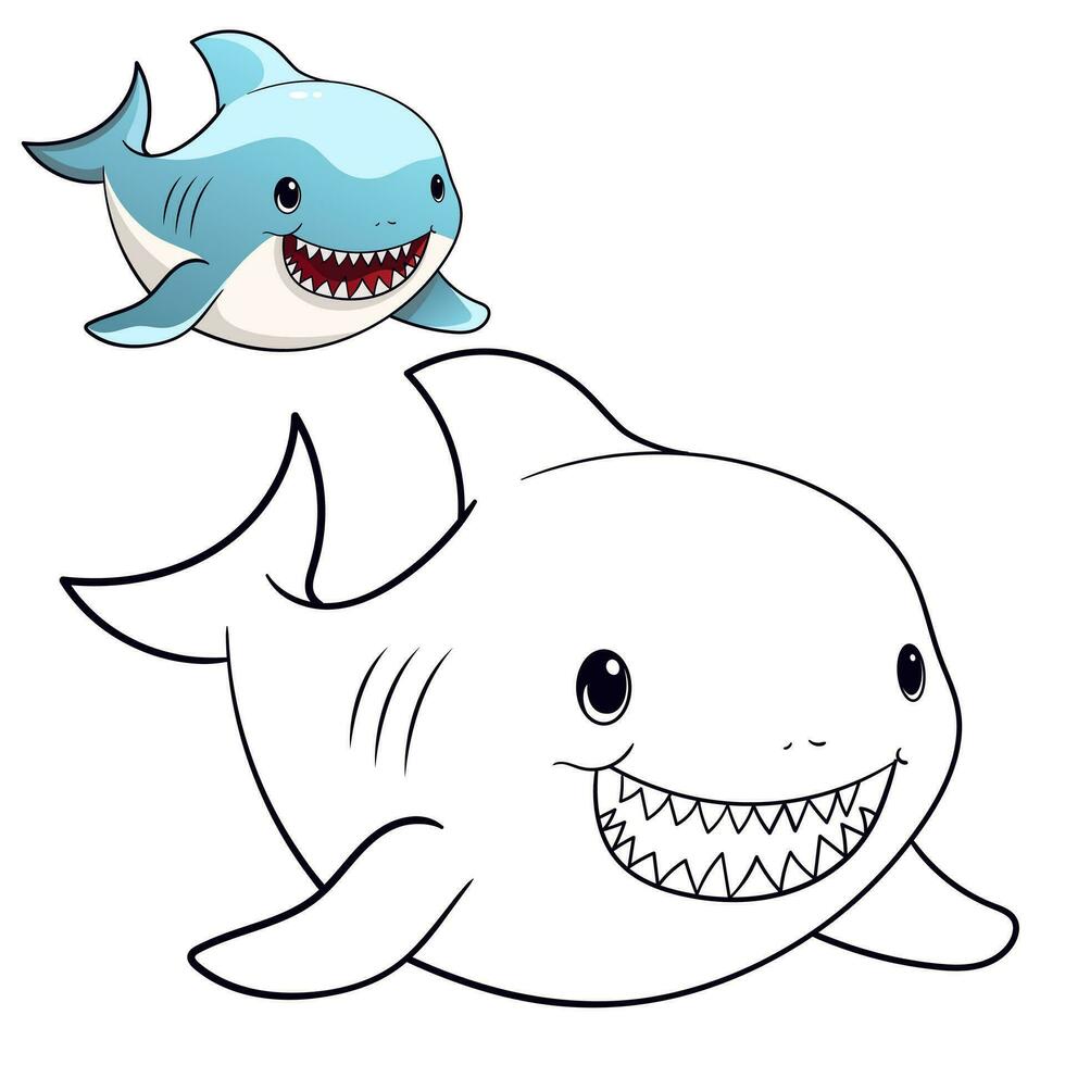 schattig baby haai kleur bladzijde. zwart en wit tekenfilm illustratie voor gemakkelijk ontwerp of kleur boeken onderwijs vector