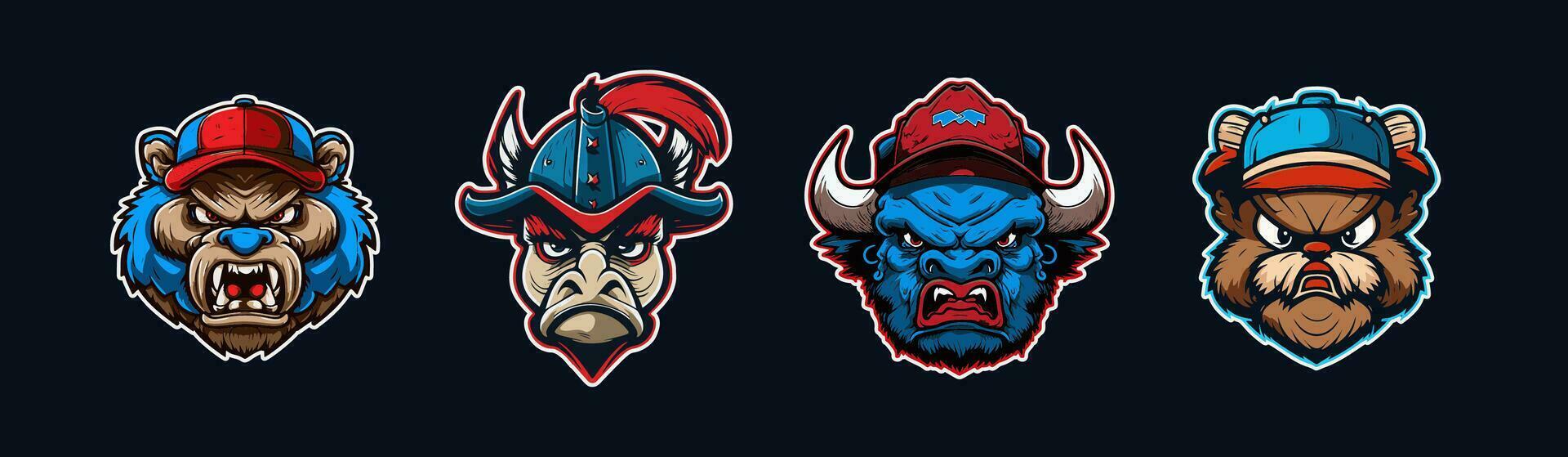 tekenfilm dier hoofd, rood en blauw sport logo verzameling met wit geschetst. boos gezicht van grizzly, paard, bizon en bever karakters. sport team mascotte set. vector illustratie