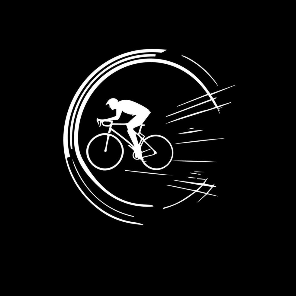 minimalistisch ronde logo sjabloon, wit icoon van fietser silhouet Aan zwart achtergrond, modern logotype concept voor bedrijf identiteit, t-shirts afdrukken, tattoo.vector illustratie vector