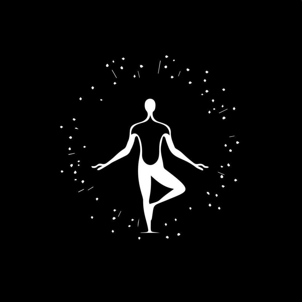 minimalistisch logo sjabloon, wit icoon van yoga houding menselijk silhouet Aan zwart achtergrond, modern logotype concept voor bedrijf identiteit, t-shirts afdrukken, tatoeëren. vector illustratie