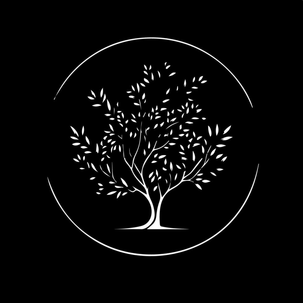 wit icoon van boom silhouet Aan zwart achtergrond, wijs symbool, onderwijs teken, boho logo concept, t-shirts afdrukken, tatoeëren sjabloon. vector illustratie