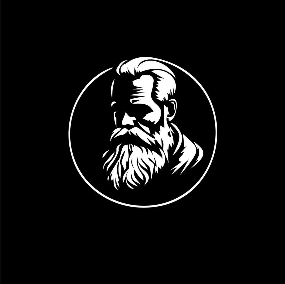 gebaard oud Mens buste logo sjabloon, de kerstman claus monument embleem, salie stempel, opa tatoeëren schetsen. hand- tekening embleem Aan zwart achtergrond voor lichaam kunst, monochroom kunst. vector illustratie