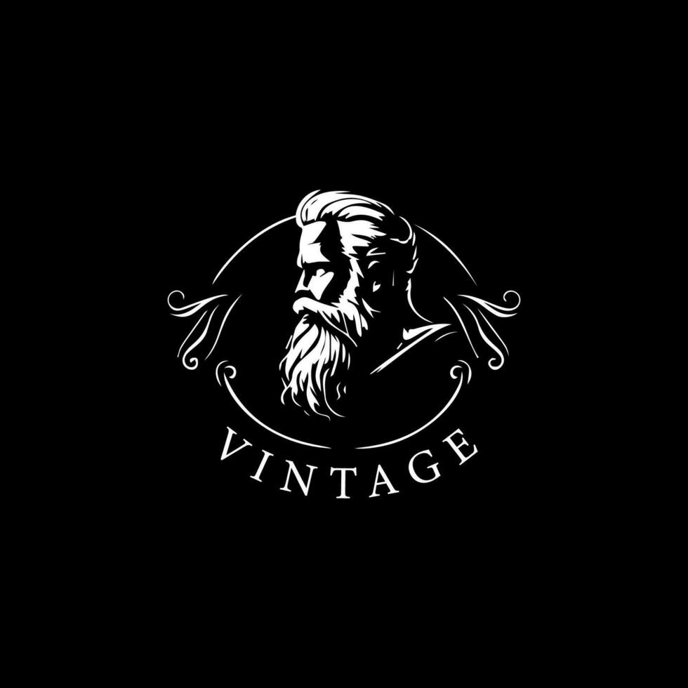 gebaard oud Mens buste logo sjabloon, ouderling hipster portret embleem, salie stempel, opa tatoeëren schetsen. hand- tekening embleem Aan zwart achtergrond voor lichaam kunst, monochroom kunst. vector illustratie