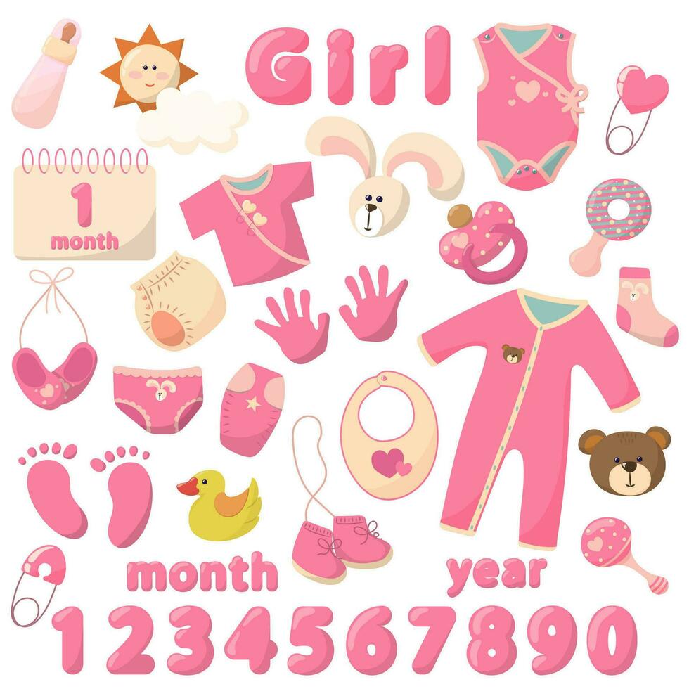 baby meisje sticker set. eerste jaar van leven. luiers, fopspeen, rammelt, kalender, kleren, slipje, t-shirts, prints vector