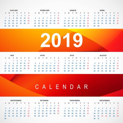 Modern 2019 rood kalendersjabloon met golfvector vector