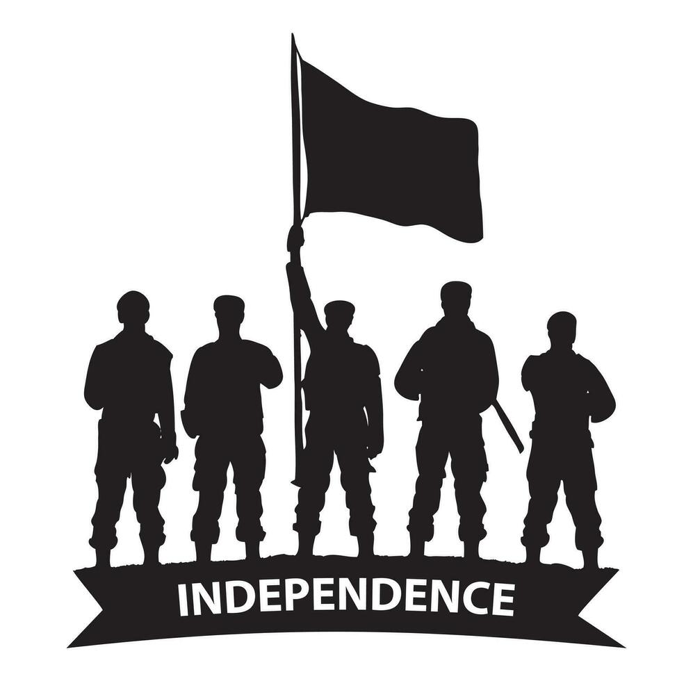 onafhankelijkheid dag silhouet voor een groep van soldaten verhogen vlag soldaten en vlag Aan wit achtergrond, vector illustratie leger krachten juli oktober zege
