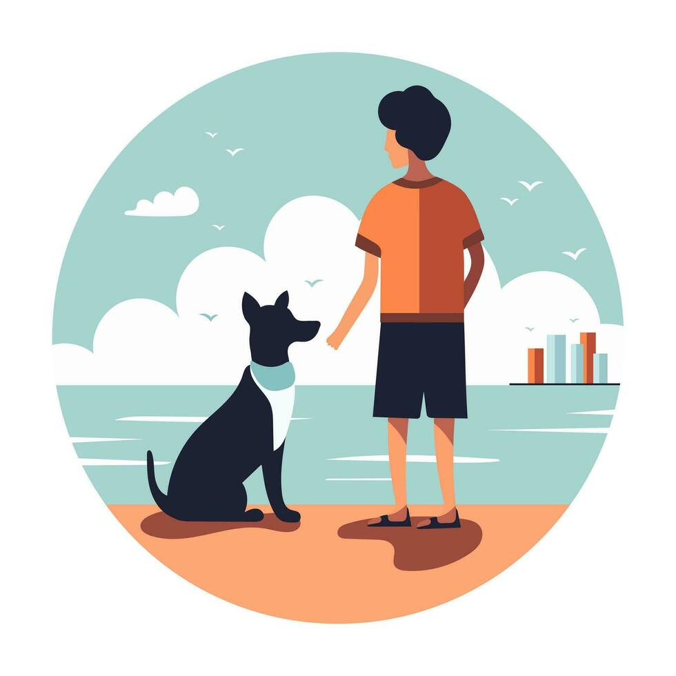 wguy met zijn huisdier. jongen en hond uitgeven tijd samen Aan strand. vector illustratie. zomer humeur. vakantie Bij zee.eb