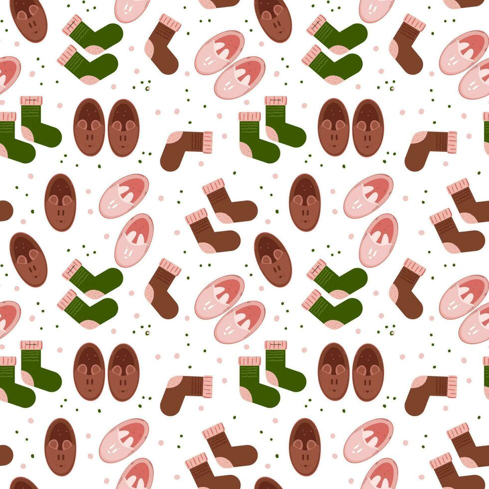 naadloos patroon van warm sokken en huis slippers Aan een Purper achtergrond. helder kleur patroon ontwerp voor omhulsel papier, textiel, spandoeken,web, apps.vector illustratie. vector