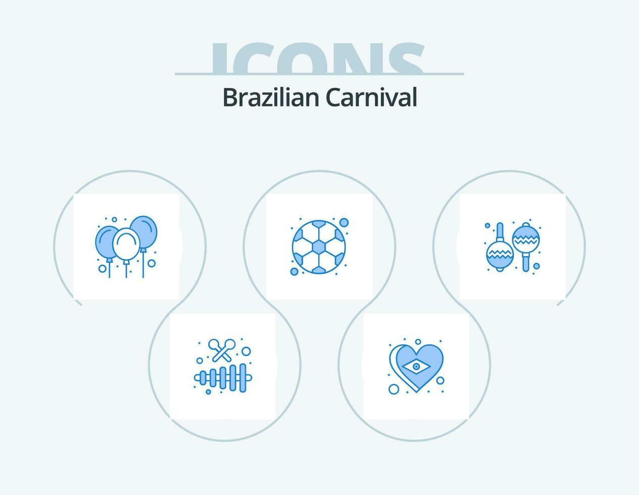 braziliaans carnaval blauw icoon pak 5 icoon ontwerp. maracas. spel. ballonnen. voetbal. bal vector