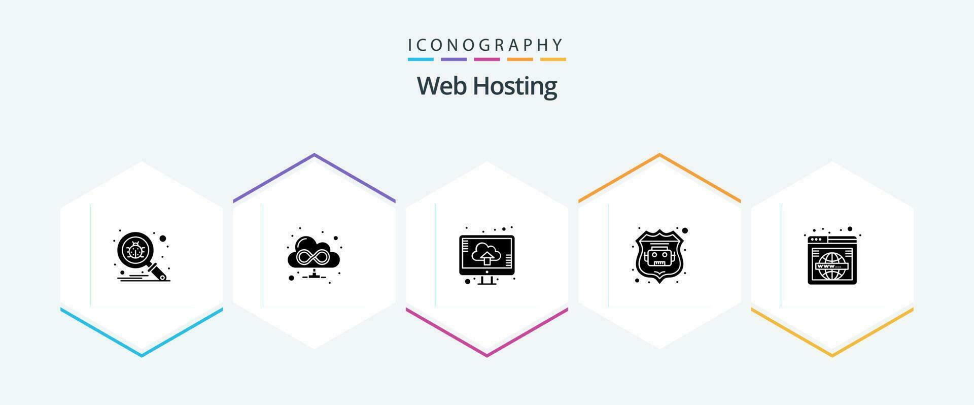 web hosting 25 glyph icoon pak inclusief breed. zoeken. computer. bladzijde. robot databank vector