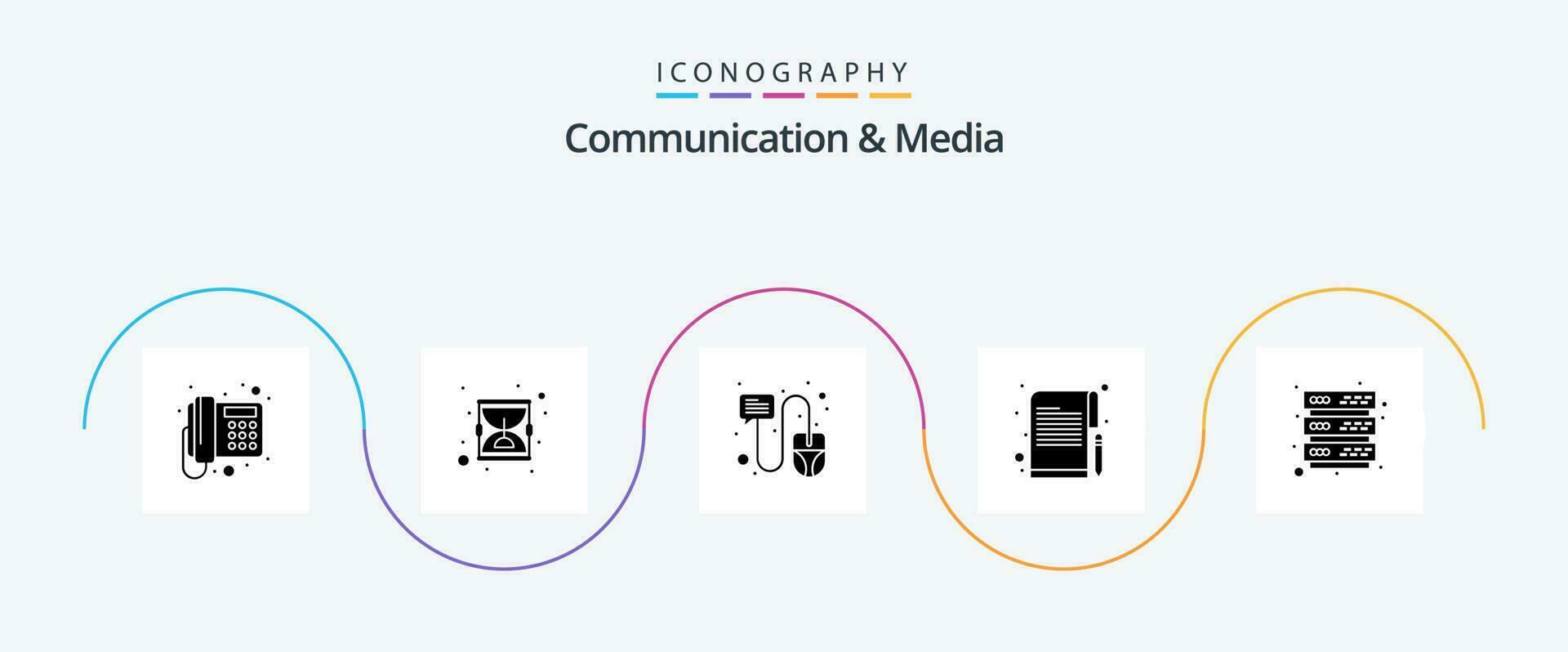 communicatie en media glyph 5 icoon pak inclusief server. papier. chatten. auteur. redactioneel vector