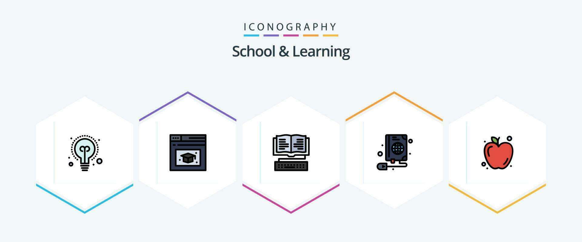 school- en aan het leren 25 gevulde lijn icoon pak inclusief . voedsel. kennis. appel. web vector