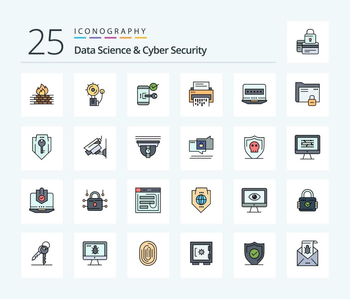 gegevens wetenschap en cyber veiligheid 25 lijn gevulde icoon pak inclusief gegevens. veiligheid. brand. telefoon. mobiel vector