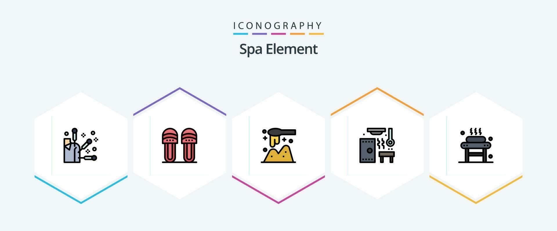 spa element 25 gevulde lijn icoon pak inclusief ontspanning. bed. lepel. spa. kom tot rust vector