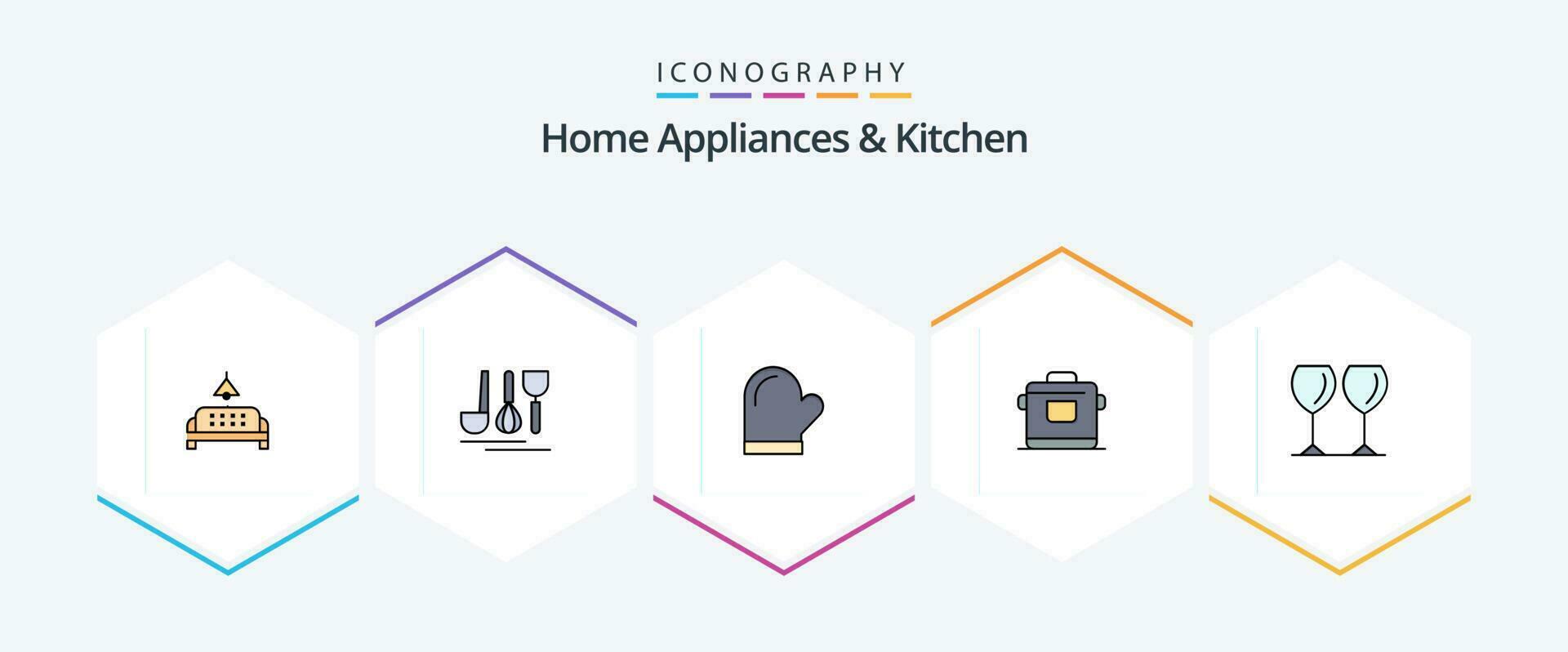 huis huishoudelijke apparaten en keuken 25 gevulde lijn icoon pak inclusief glas . rijst. handschoen. keuken. oven vector