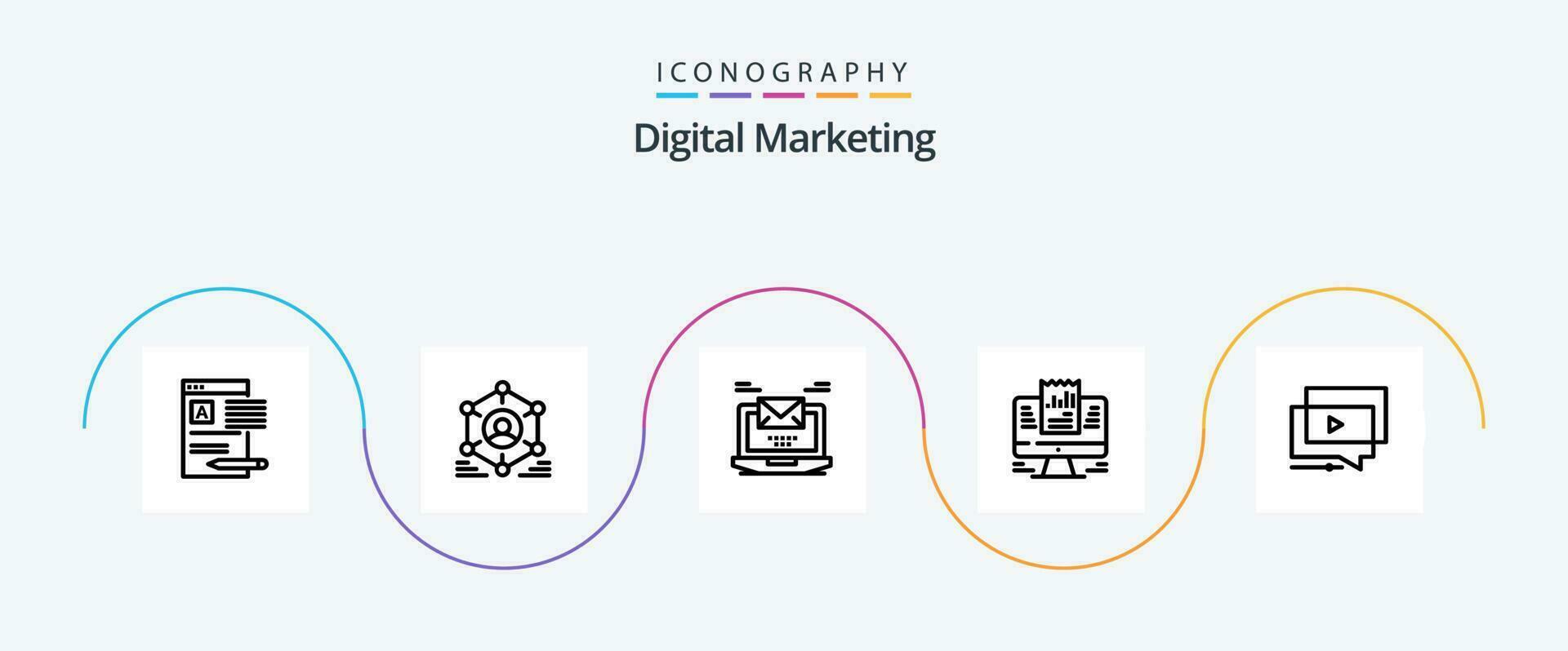 digitaal afzet lijn 5 icoon pak inclusief laptop. rapport. mensen. laptop. mail vector