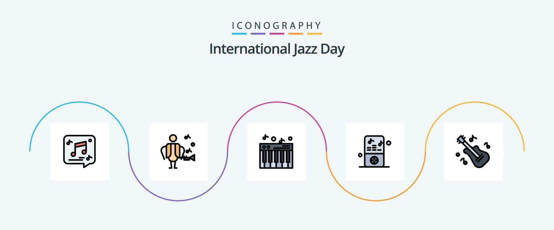 Internationale jazz- dag lijn gevulde vlak 5 icoon pak inclusief muziek. gitaar. muziek. p. muziek- vector