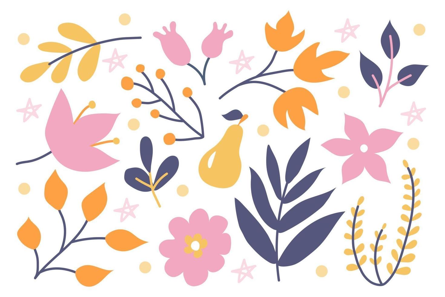 een schattige set planten en bloemen op een witte achtergrond, met de hand getekend in een doodle-stijl. vectorbloemdecor voor uitnodigingen, ansichtkaarten, stickers vector