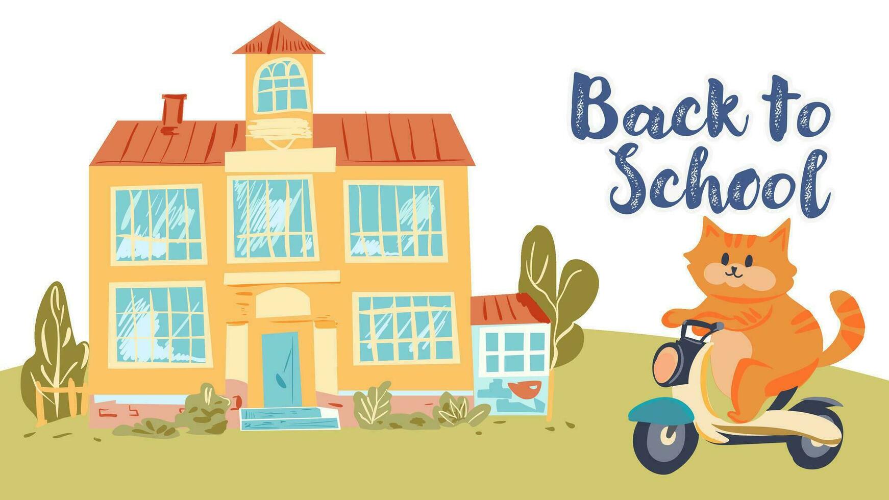 terug naar school- onderwijs illustratie met gebouw en belettering buitenshuis tafereel auto en school- bus. vector