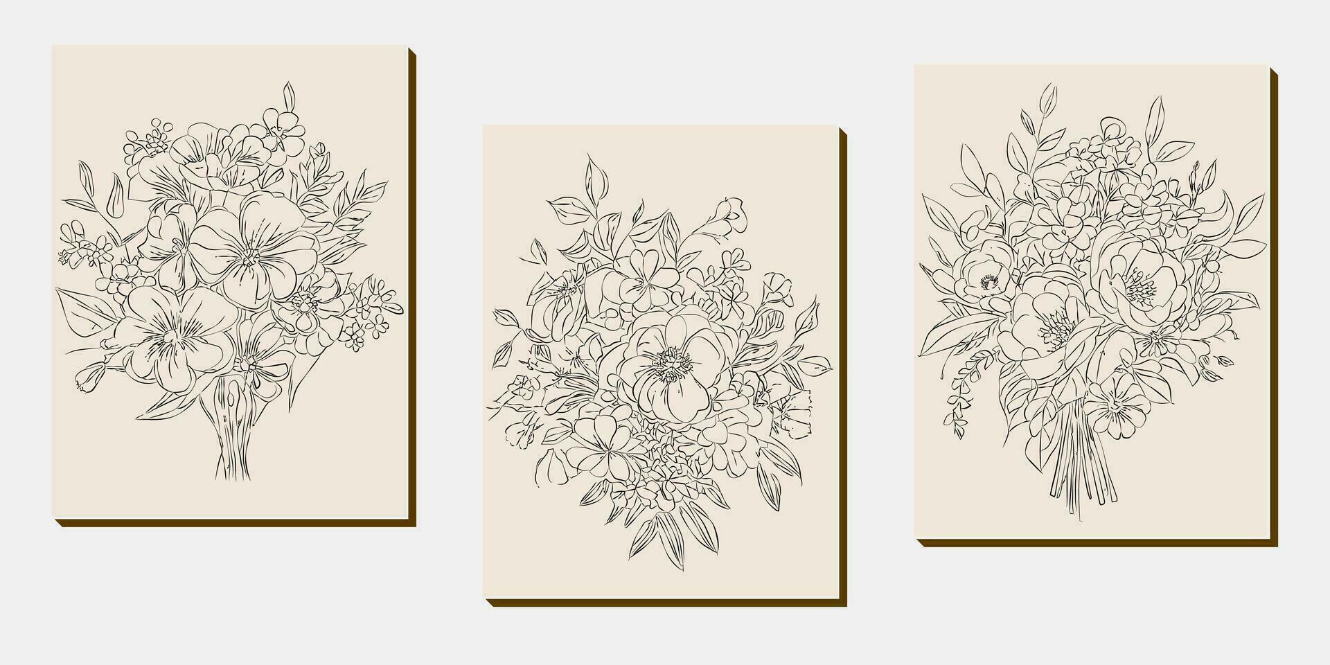 bloem boeket lijn kunst, zwart en wit bloemen reeks verzameling bundel hand getekend, tak, gebladerte, blad minimaal antiek retro hedendaags inkt tekening voor decor bruiloft uitnodiging en poster kaart vector