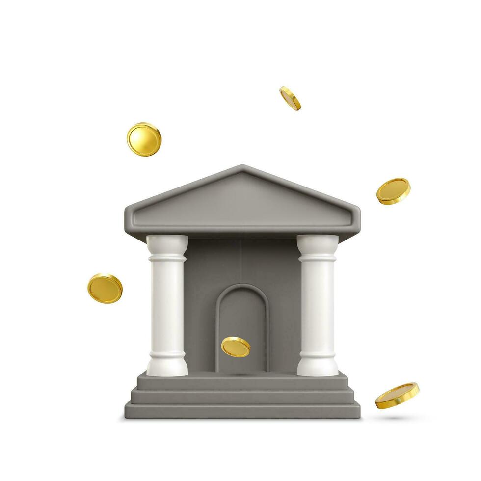 bank gebouw met vallend goud munt in realistisch tekenfilm stijl. 3d realistisch banners en posters voor bank bedrijf. vector illustratie