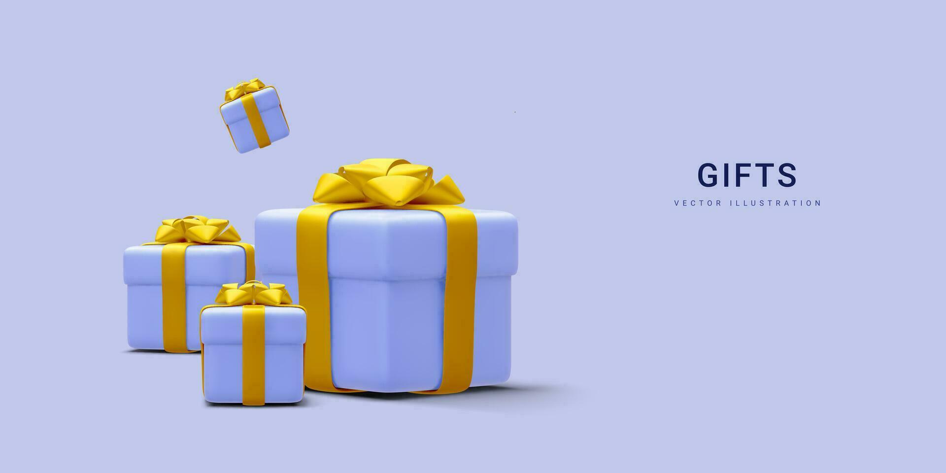 3d realistisch stapel blauw cadeaus dozen met goud lintje. decoratief feestelijk voorwerpen. nieuw jaar en Kerstmis ontwerp spandoek. vector illustratie