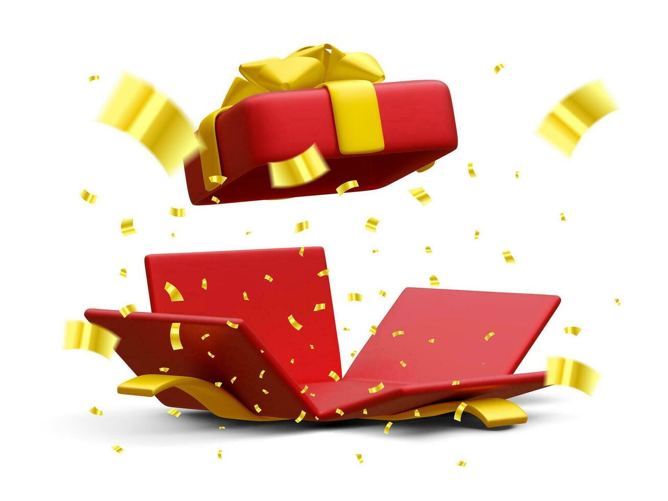 3d realistisch Open geschenk doos en vliegend goud confetti Aan wit achtergrond. winnen prijzen concept. vector illustratie