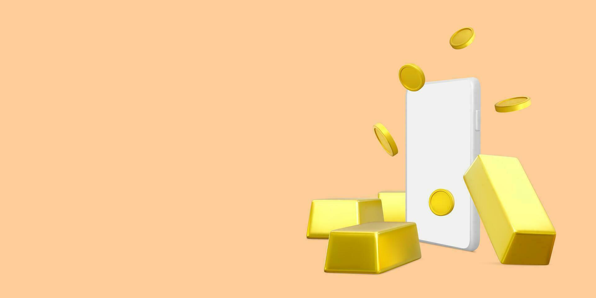 3d investering concept. smartphone mockup met goud bars en dollar munten. vector illustratie